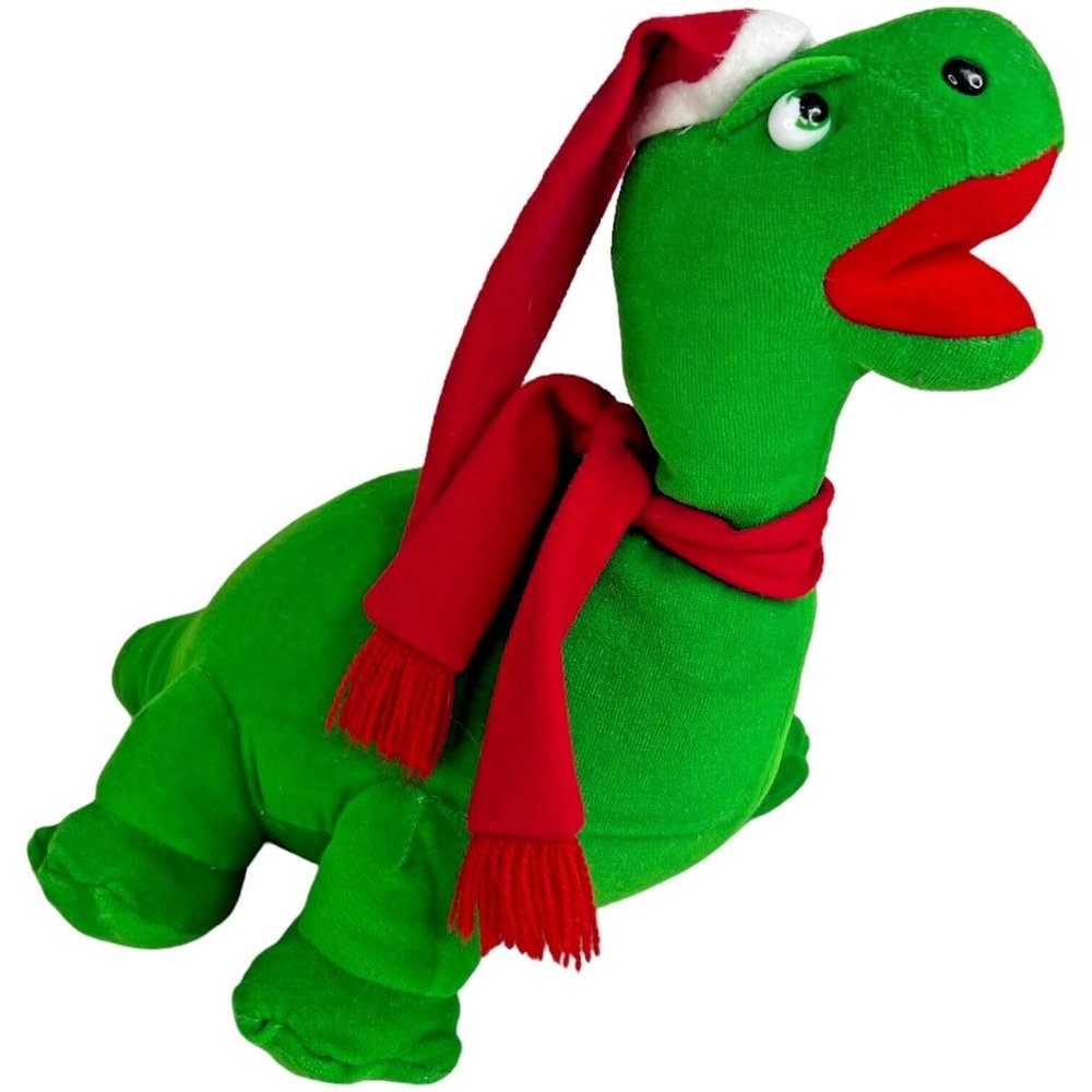 Santasaurus Plush Green Dinosaur Wearing Santa Claus Hat Red Scarf 18 Inch Xmas